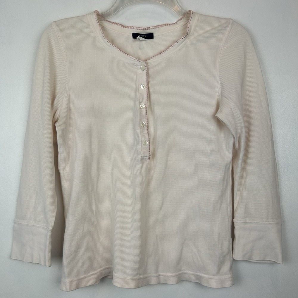 J Crew Ribbed Henley Top Womens M Pale Pink Y2K 3/4 Sleeve